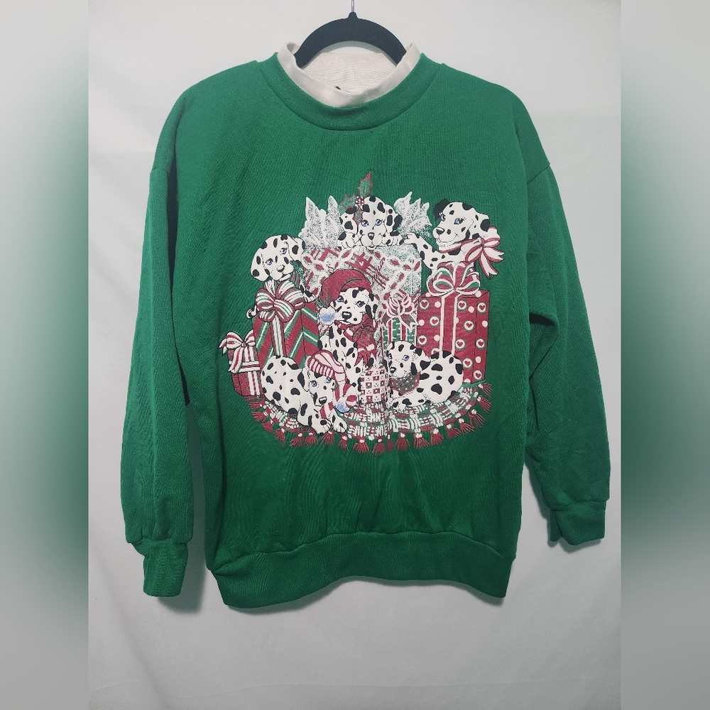 Vintage Nutcracker Dalmatian Christmas Presents Green Sweater. Size Medium.
